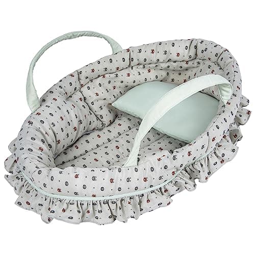 Rakki Dolli Doll Carry Cot Set, Sweet Dreams Soft Bassinet Doll Carrier Includes 1 Cot and 1 Pillow, Grayish Green Bear Doll Bassinet, Fits for 16 Inch 18 Inch American Girl Dolls
