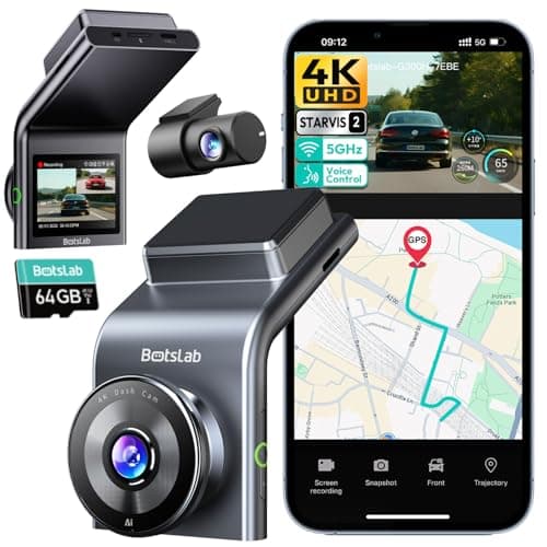 BOTSLAB 4K Dual Dash Cam Front and Rear, STARVIS 2 Sensor, Voice Control, 170° Wide Angle, 64GB Card Included, 5GHz WiFi, Built-in GPS, WDR Night Vision, 24H Parking Mode