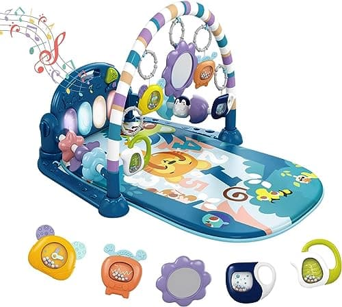 dearlomum Baby Play Mat Gym, Funny Play Piano Tummy Time Activity Mat with 5 Infant Sensory Toys, Music and Lights Boy & Girl Gifts for Newborns 0 to 3 6 9 12 Months (Tiger Blue)