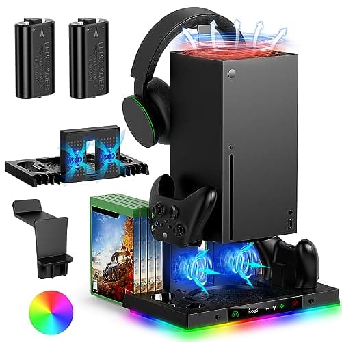 FYOUNG Upgrade Cooling Fan Stand &Controller Charging Station for Xbox Series X with 15RGB Light, Charger Dock for Console Accessories Storage with 2 Rechargeable Batteries, 3-Levels Fan Cooler System