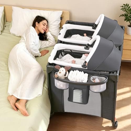 Twin Bassinet for Baby, 3-in-1 Bedside Bassinet for 2 Babies Convertible to Bedside Sleeper and Playpen, Includes 2 Removable Rocking Portable Baby Bassinets and Storage Bags, Light Grey