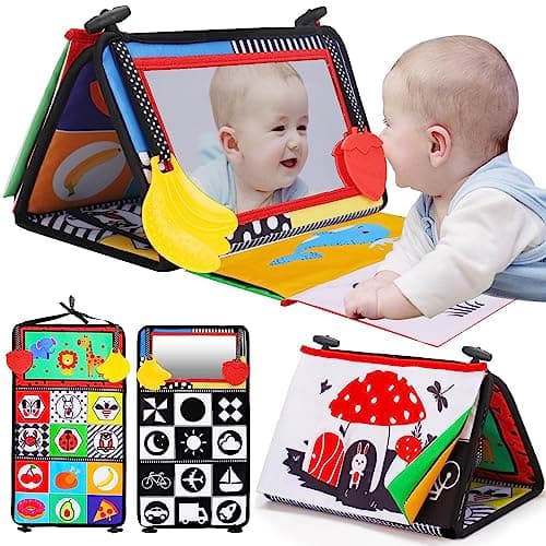 Tummy Time Baby Mirror Toy, Black and White High Contrast Baby Newborn Toys 3 6 12 Months, Montessori Crinkle Cloth Book Sensory Activity Development Gift for 0-6 Months Infant Boys Girls Easter Gift