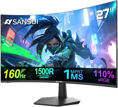 SANSUI Curved 27 Inch Monitor 160Hz 1Ms FHD 1080P Computer Screen 1500R|HDMI & DP|4000:1|110% sRGB|VESA Compatible, for Tablet, Desktop, Laptop and PC Work Gaming
