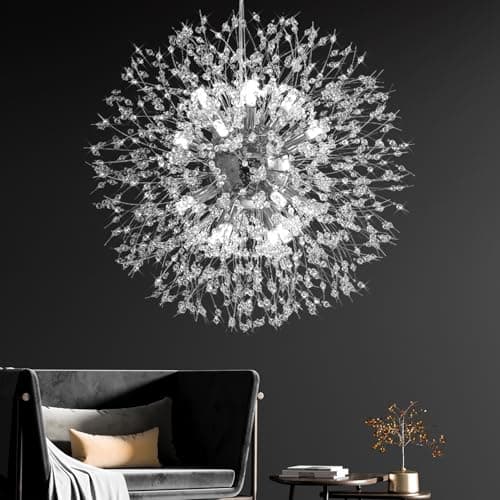 Crystal Chandelier Firework Modern Beaded Chandeliers Dandelion Chrome Pendant Lamp Hanging Lighting Fixture for Bedroom Dining Room Kitchen Farmhouse Hallway Foyer, 22" Chrome 12 Lights