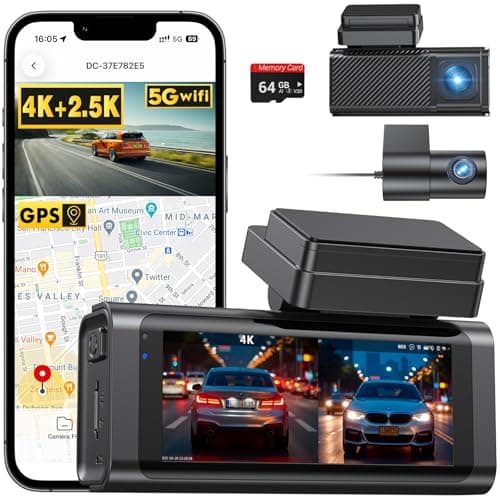 4K Dash Cam Front and Rear Camera,4K+2.5K Dual Dashcam for Cars with 3.16''IPS,64GB Card,Built-in GPS,5GHz WiFi & App Control,Time Lapse,Parking Mode,G-Sensor,Loop Recording,WDR,Night Vision