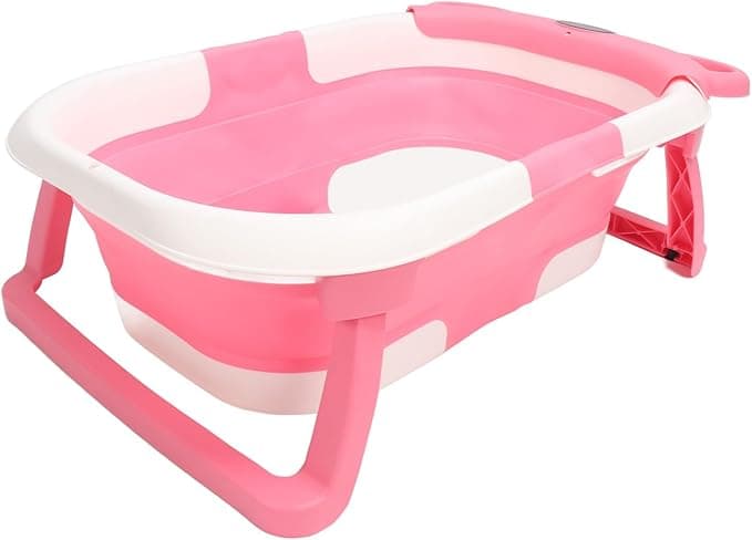 Focket Collapsible Baby Bathtub, Portable Travel Tub for Newborn to Toddler 0-36 Months with Foldable Storage Soft Cushion Thermometer Drain Hole Non Slip Base (Pink)
