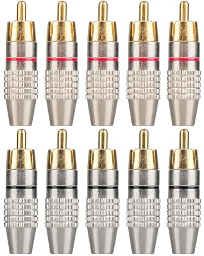 Elechood 10Pack RCA Male Plug Solder, Gold Audio Video Cable Adapter Connector for Speaker Wire Wall Plate Home Theater Audio Video Receiver Amplifiers and Sound Systems