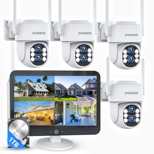 Security Camera System Outdoor Wireless for Home, ZHXINSD Dual Lens 6MP 10X Hybrid Zoom 360° Auto-Track 4 Cameras Set with 12.5" Monitor, 2.4/5G 10CH 4K NVR 24/7 Record Two-Way Audio 1TB HDD