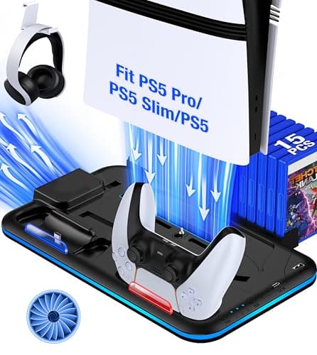 Kawaye PS5/Slim/Pro Stand and Cooling Station for PlayStation 5 Consoles, PS5/Pro/Slim Accessories with 3-Level Cooler Fan, PS5 Controller Charger, Cooling Satnd, Headset Holder, 15 Game Slots, Black