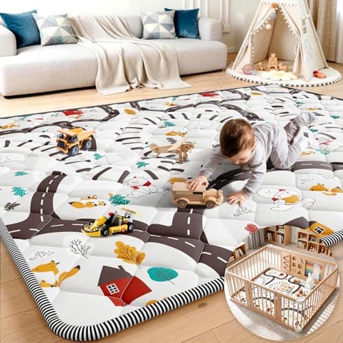 Palopalo 71x59 Foam Baby Floor Play Mat with Train Track Design - 0.8in Thick Cushioning Playmat for Safety, Non-Slip Playpen Mat for Infants & Toddlers, Perfect for Sensory & Motor Skill Development