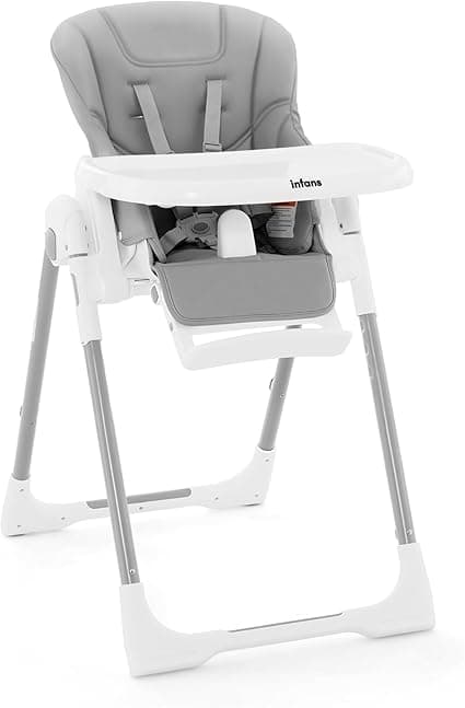 INFANS High Chair for Babies & Toddlers, Foldable Highchair with Multiple Adjustable Backrest, Footrest and Seat Height, Removable Tray, Detachable PU Leather Cushion, Built-in Rear Wheels (Grey)