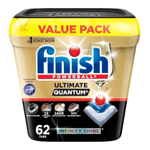 Finish Ultimate Infinity Shine Dishwasher Detergent Pods, 3 Chamber Formula with PowerBall, 2X Grease Fighting, Burnt & Dried-On Stains, Ultimate Clean & Virtually Diamond Shine, No Pre-Rinse, 62 Tabs