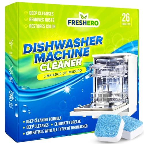 Freshero Dishwasher Cleaner and Deodorizer Tablets 26-Pack, Deep Cleaning Descaler for Dishwasher Machine, Heavy Duty, Septic Safe, Removes Grease & Build-ups, 1 Year of Cleaning Supplies (Unscented)