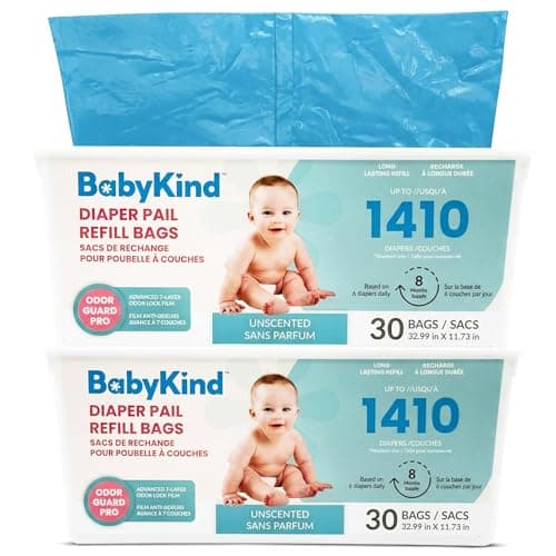 Babykind Refills Compatible with Diaper Genie Easy Roll Signature & Platinum Pails, 2 Pack 60 Bags Hold Up to 2,820 Newborn Diapers, Extra-Thick Unscented Film with Powerful Odor Control