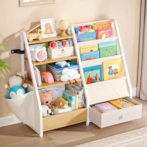 HAVLOTII Kids Bookshelf and Toy Storage - Book Shelf for Kids Rooms, Toddler Bookshelf Baby Bookcase for Nursery, Montessori Toy Organizer, Burlywood