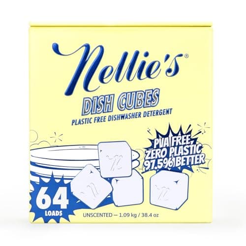 Nellie’s Dish Cubes – 64 Loads Dishwasher Detergent – Concentrated Plastic-Free Formula (PVA-Free) – Powerful Cleaning for Grease & Grime – Made in Canada