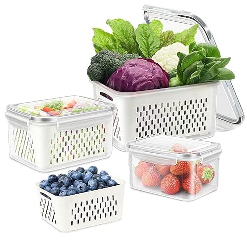 SwellishColor Fresh Food Storage Containers,3 Pack Large Capacity Produce Saver Box with Drain Baskets & Lid for Vegetable and Fruit-BPA Free Stackable Refrigerator Organizer for Kitchen Storage