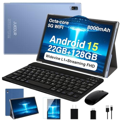 2025 Android 15 Tablet, 10 Inch Octa-Core Tablets 22GB+128GB+1TB Expand, 2-in-1 Electronic Tablet with Keyboard Mouse, 8000mAh, 1280x800 IPS Display, GPS,Widevine L1, Split Screen, Metal Body -Blue