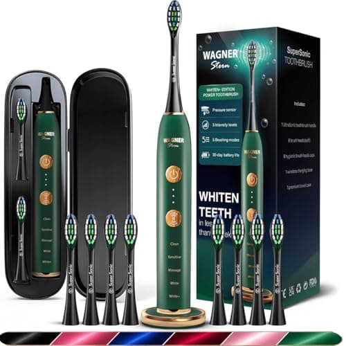 Wagner Stern WT8900 Series Electric Toothbrush – Whitening & Pressure Sensor, 5 Modes, 3 Intensities, 8 Soft Brush Heads, Rechargeable, Travel Case Included