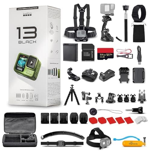 GoPro HERO13 (Hero 13) in Forest Green - Waterproof Action Camera with 5.3K HDR Video, 27MP Photos, 1/1.9" Image Sensor, Live Streaming, Webcam + 64GB Card & 50 Piece Accessory Kit - Bundle