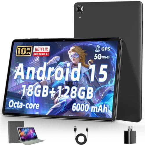 10.1 Inch Tablet, Android 15 Tablets with 18GB RAM+128GB ROM(Expand to 1TB), Octa Core 1280 * 800 IPS HD Display, 6000mAh Battery, Dual 5MP+8MP Camera, 5G/2.4G WiFi