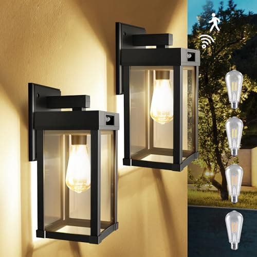 Solar Outdoor Motion Sensor Wall Lanterns Fixtures 2 Pack, 3 Working Modes Solar Porch Lights Outdoor Waterproof with 3200K & 6500K E26 Bulbs, Dusk to Dawn Lighting Front Porch Light for Garage Patio