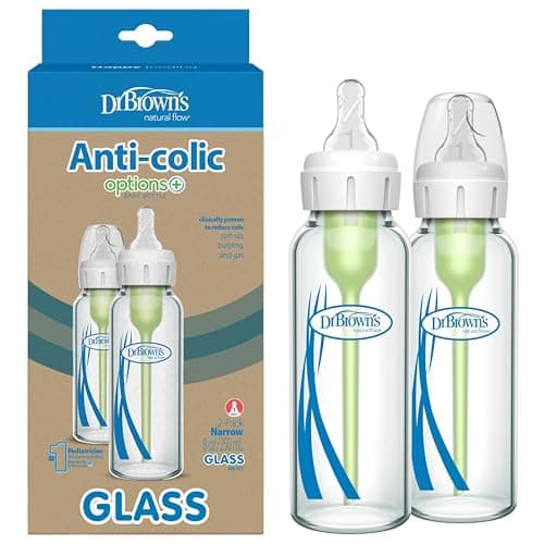 Dr. Brown’s Natural Flow Anti-Colic Options+ Narrow Glass Baby Bottles, 8oz, 2-Pack