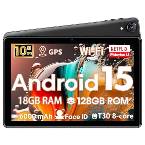 Tablette Android Tablet 10 Inch, Android 15 Tablet 18GB RAM 128GB(1TB Expandable), T30 Octa-Core CPU, Widevine L1, 6000mAh,Gaming Tablets for Adults, Dual Camera (5MP+8MP), WiFi 5, GPS, GMS, Gemini AI