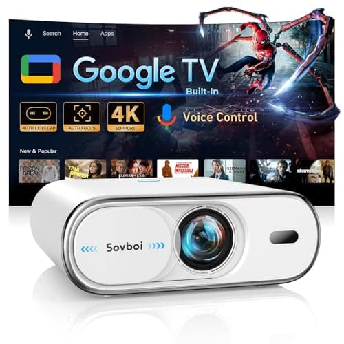 Projector-4K Movie Projecteur Bluetooth: [Built-in Google TV & High Brightness & Auto Lens Cap] AI Voice Control & Auto Focus, WiFi 6, 40W Audio, Sovboi Home Theater Ceiling Projector