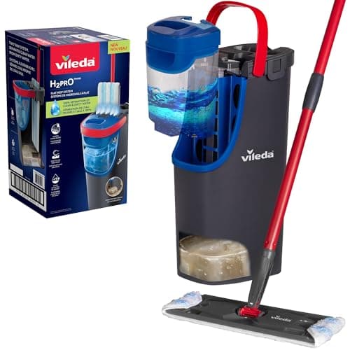 Vileda H2prO Flat Mop and Bucket Set | 100% Clean & Dirty Water Separation | Wall Mop, Baseboard Cleaning Tool | Machine Washable Reusable Microfiber Mop Head | Safe on All Floor Types