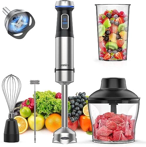 Ganiza Immersion Blender, Electric Hand Blender Max 1000W with 15 Speed and Turbo Mode Handheld Blender Stainless Steel Blade, 5-in-1 Handheld Stick Mixer, Milk Frother, Egg Whisk, Chopper and Beaker