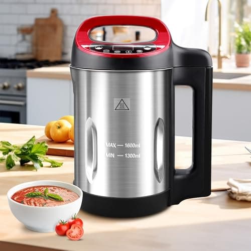 Homtone 1.6L Soup Maker Machine, Stainless Steel Programmable Soup Maker with Smooth & Chunky Settings, Anti-Dry Burn, Overfill Sensors, Self-Cleaning Mode for Quick Soups, Baby Food, Home Use Red
