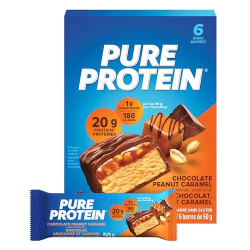 Pure Protein Bars - Nutritious, Gluten Free bar, made with Whey protein blend - low sugar, protein snack. Deliciously satisfying. Made in Canada, Chocolate Peanut Caramel (Pack of 6)