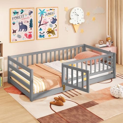 Giantex Twin Floor Bed with High Fence & Door, Montessori Floor Bed with 21.5" Safety Guardrails, Solid Wood Twin Beds Frame for Kids Girls, Boys, Without Slats, Grey
