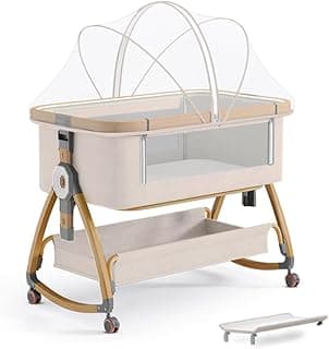 Baby Bassinet, Bedside Bassinet for Baby, 4 in 1 Portable Bedside Sleeper with Wheels Mosquito Net & Storage Basket, 6 Height Adjustable Rocking Bassinet for Newborn Baby