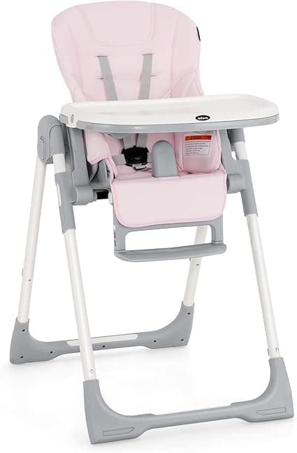 INFANS High Chair for Babies & Toddlers, Foldable Highchair with Multiple Adjustable Backrest, Footrest and Seat Height, Removable Tray, Detachable PU Leather Cushion, Built-in Rear Wheels (Pink)