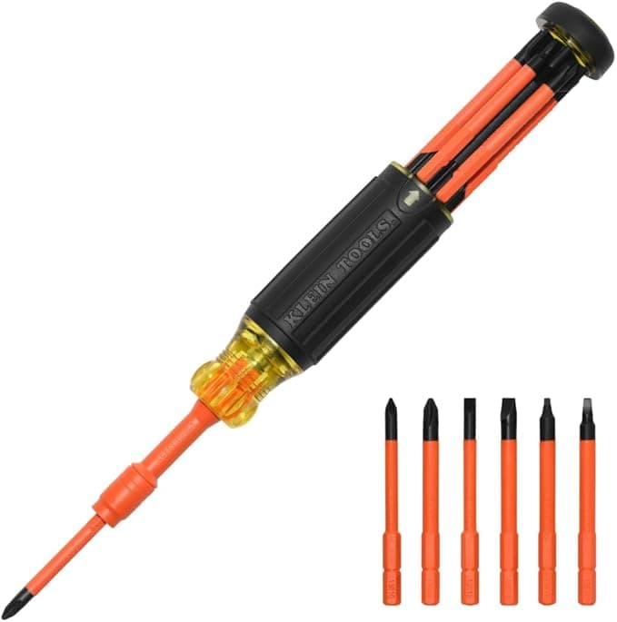 Klein Tools 32306INS Tournevis multi-embouts isolé 6 en 1, tournevis multi-embouts avec collier auto-verrouillant, 1000V, rangement des embouts dans la poignée