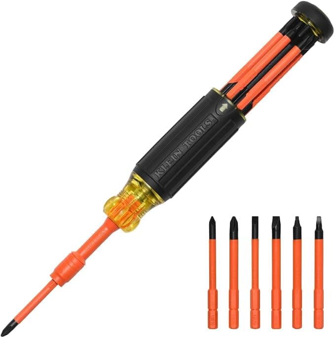 Klein Tools 32306INS Tournevis multi-embouts isolé 6 en 1, tournevis multi-embouts avec collier auto-verrouillant, 1000V, rangement des embouts dans la poignée