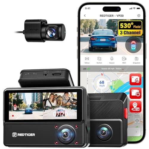 REDTIGER 530° Dash Cam 3 Channel, 2.5K+2.5K+1080P Triple Car Camera with 128GB Card, IR Night Vision, Touch Screen, Dashcam for Front Inside Rear Included WiFi GPS, 24H Parking Mode(VP20)