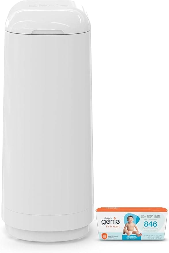 Diaper Genie Essence Pail, White with 18 Easy Roll Refill Bags