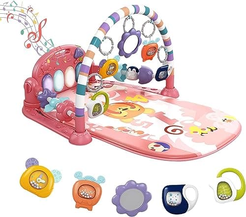dearlomum Baby Play Mat Gym, Funny Play Piano Tummy Time Activity Mat with 5 Infant Sensory Toys, Music and Lights Boy & Girl Gifts for Newborns 0 to 3 6 9 12 Months (Tiger Pink)