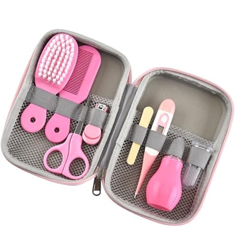 Wisoqu Baby Manicure Set with Hairbrush and Scissors, Safe Set for Health Care in Newborn Nursery, Plastic and Metal Material (Pink)