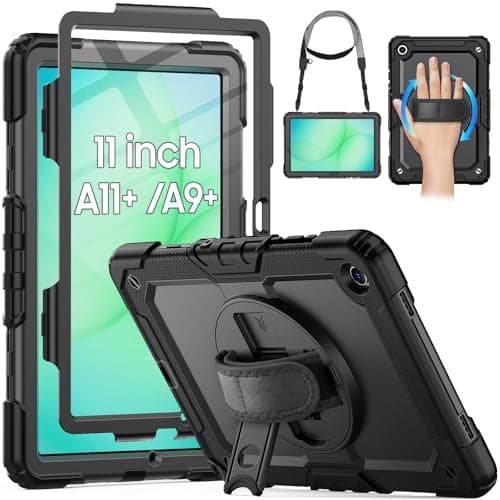 HXCASEAC Case for Samsung Galaxy Tab A11+ Plus 11 Inch, Rugged Shockproof with Screen Protector/Hand Strap Stand/Carrying Strap, Hard Cover for Samsung A11 Plus Tablet Case 5G SM-X230 SM-X238U,Black