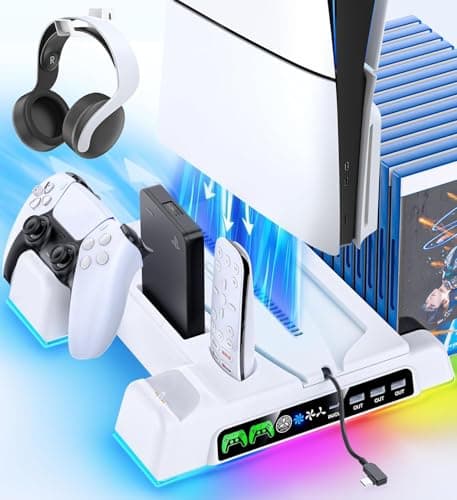 PS5 and P5 Slim Stand for Disc & Digital Console, PS5 Cooling Station with Dual Controller Charging Station for PlayStation 5 Console, 3-Level Fan PS5-/Slim Controller Charger Accessories Stand