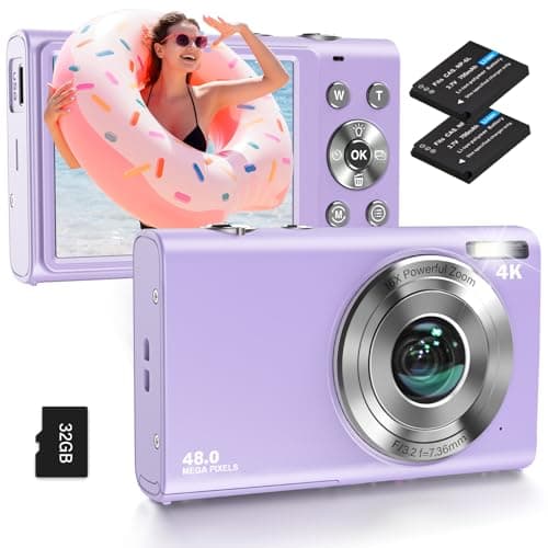 4K Digital Camera, 48MP Autofocus 16X Digital Zoom YouTube Compact Point Shoot Vlogging Camera for Teens/Beginners/Adults, 32GB Card, 2 Batteries, Anti-Shake(Purple)
