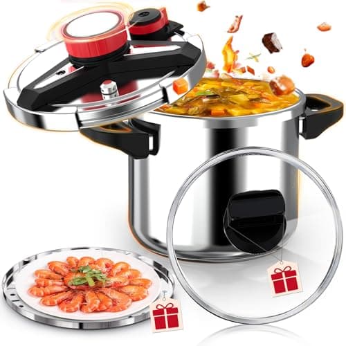 18/8 Stainless Steel Pressure Cooker 8 Quart / 7.5 Liter, [3-In-1] Pressure Cooker, [One-Hand Locking] Olla de Presion, Induction Compatible and Gas Stovetop, Steamer Rack Include & Glass Lid
