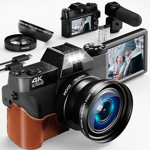 4K Digital Camera for Photography with External Adjustable Microphone, 56MP Vlogging Camera for YouTube and Video, 52mm Wide Angle & Macro Lens, 18X Digital Zoom, 2 Batteries, 32GB TF Card