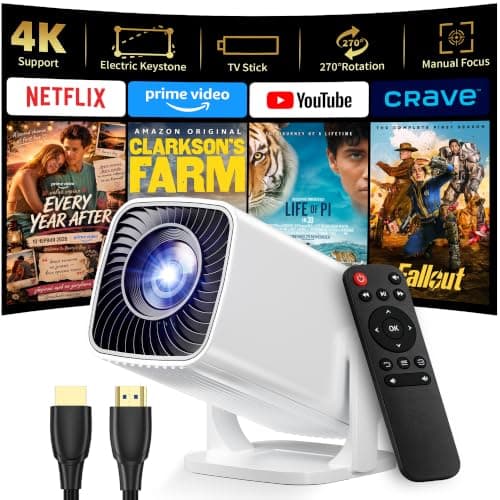 Sainyer Mini Projector, 4K Supported Full HD 1080P Portable Projector, 270° Rotation Outdoor Movie Projector with Electric Keystone, ≤25dB Low Noise, Dual HiFi Speakers, HDMI/USB, Projecteur 4K