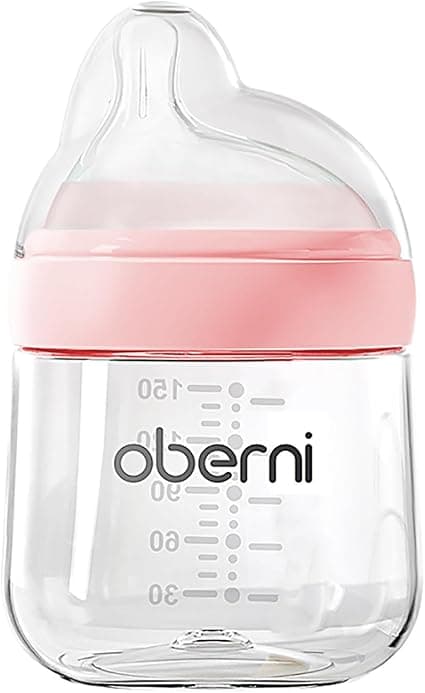 Oberni Baby Bottles with Natura Flow Off-Centered Nipple for 0+ Months, Anti Colic Newborn Milk Feeding Bottle, 150ml/5oz/Pink/1Pack