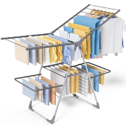 Sakugi Clothes Drying Rack, Foldable 2-Level Laundry Drying Rack with Height-Adjustable Wings, for Clothing & Bedding, Free-Standing Space-Saving Rack, Indoor & Outdoor, 141 x 58 x 93 cm, Gray